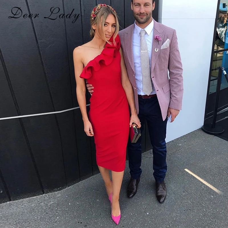 

Deer Lady New Year Dresses 2019 One Shoulder Bodycon Dresses Red Bandage Party Dress Sexy Ruffle Bandage Dress HL