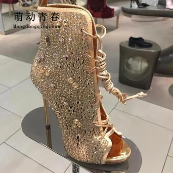 

Women Sandals High Heeled Rhinestone Shoes Open Toe Gold Lace Up Gladiator Sandal Party Evening Shoes Fashion Pumps Summer Boots