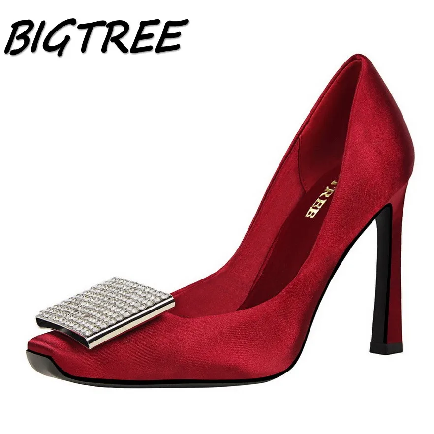 

BIGTREE summer women Square Toe High heel shoes woman Crystal Silk pumps ladies Fashion shallow stilettos sexy star shoes