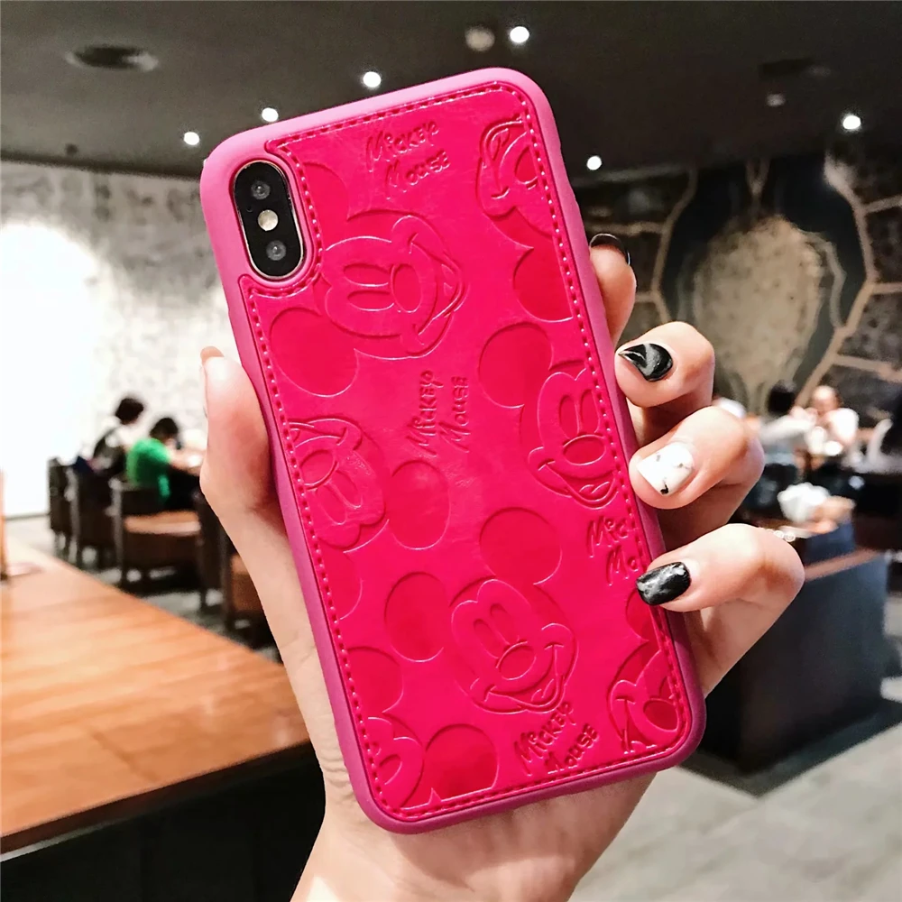 Phone - Cartoon Mickey Minnie Mouse Leather Case For iPhone 8 7 6 6S Plus X Xs Max XR 3D embossing Disneys Painting Soft leather Cover
