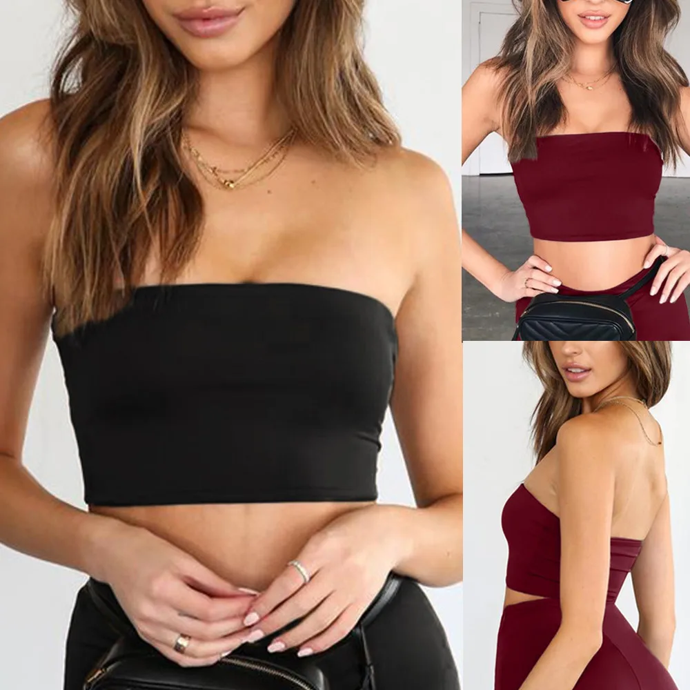 

MUQGEW Feminino Vestido Crop Top Women's Wild Style Off The Shoulder Crop Tops Casual Strapless Bra Tank Vests Black Wine Red