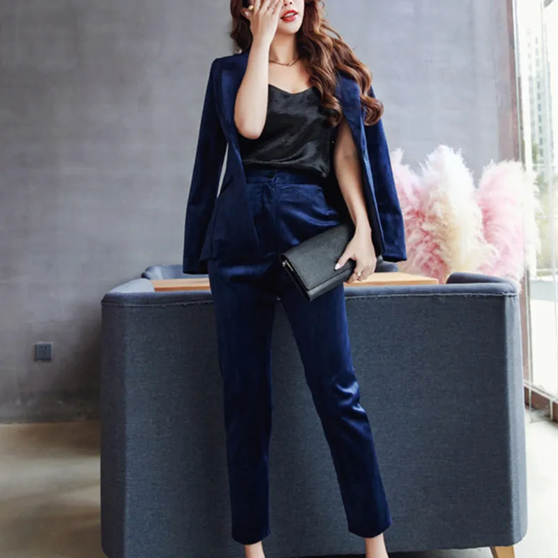 Blazer Arrivée Vintage Nouvelle 2018 Élégantes Femmes Haute Qualité Conçoit Dames Bureau Hzirip Velours Les Pantalon D'affaires Bleu Costumes De Costume Uniforme Aq0nWwEd