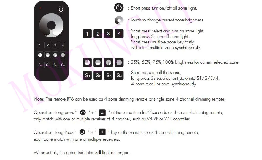 4 зоны 2,4G яркость пульт дистанционного управления RT6 работает с V серии беспроводной приемник/сенсорная панель; СВЕТОДИОДНЫЙ монохромный пульт дистанционного управления