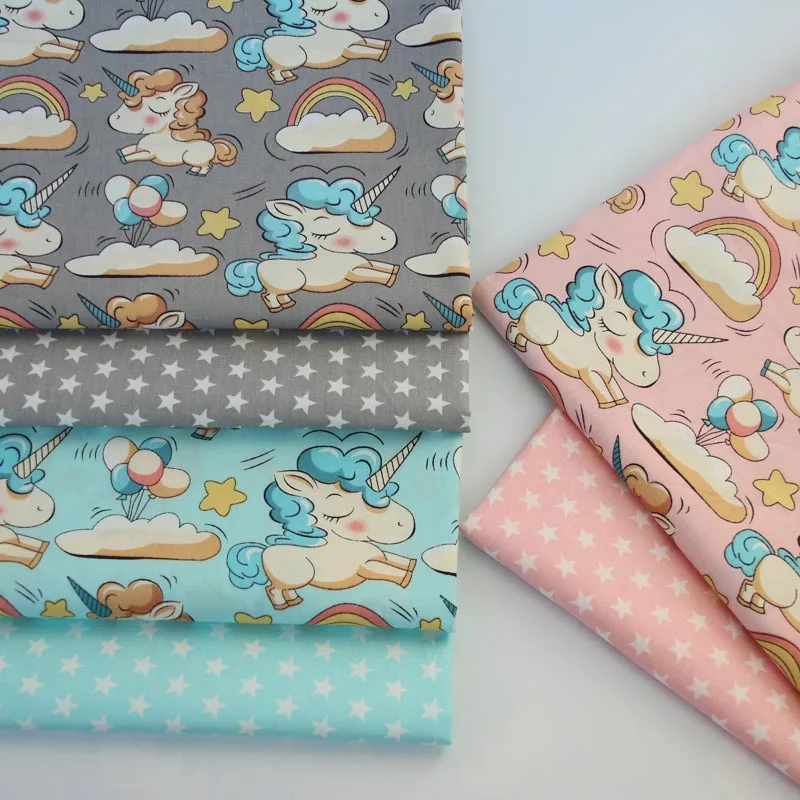 100% cotton twill cloth GRAY PINK AQUA cartoon unicorn rainbow stars fabric for DIY crib bedding cushion quilting handwork decor