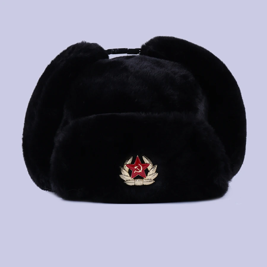 Günstige Sowjetischen Abzeichen Ushanka Russischen Männer Frauen Winter Hüte Faux Kaninchen Pelz Armee Military Bomber Hut Kosaken Trapper Earflap Schnee Ski kappe