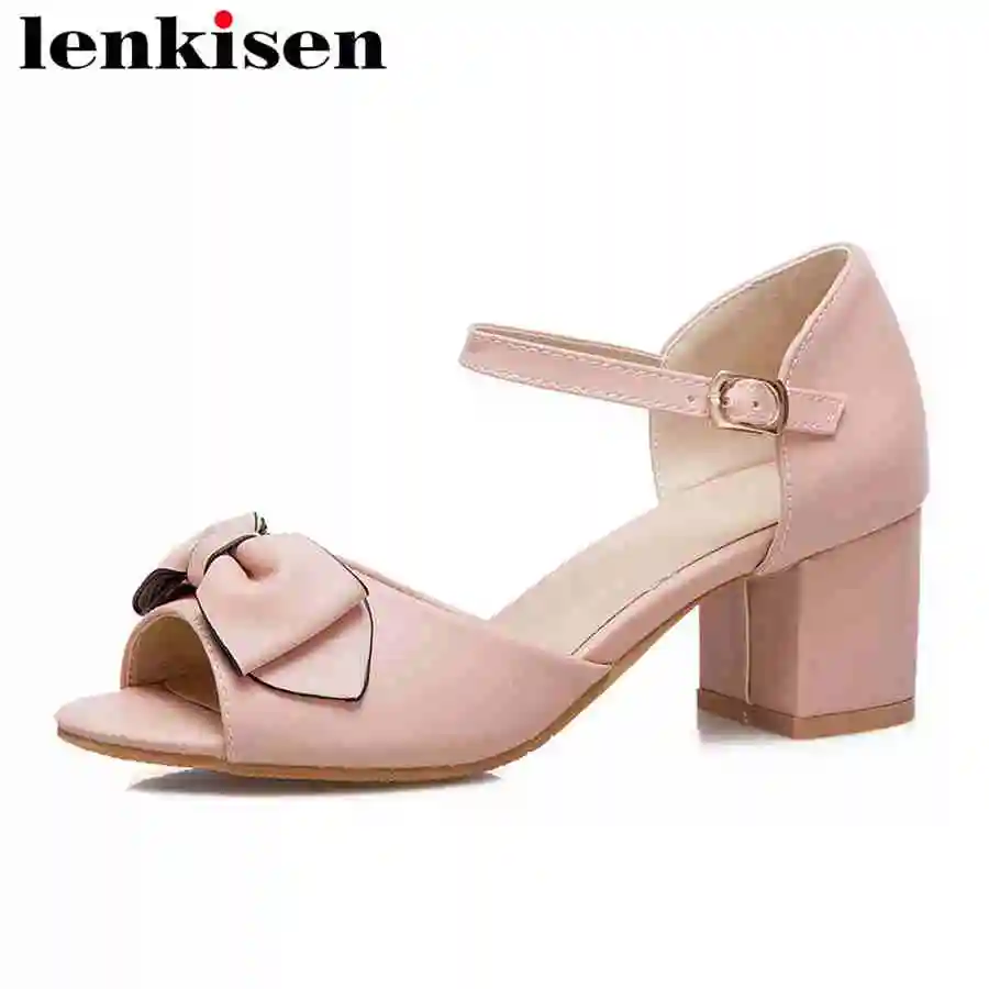 

Lenkisen butterfly-knot PU large size peep toe med heels buckle strap hollywood movie stars runway party women cozy sandals L83