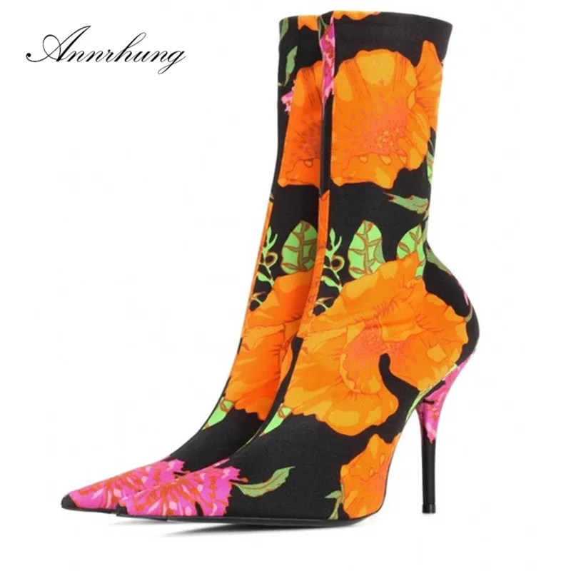 

Luxury Floral Print Satin Ankle Boots Women Candy Color Pointed Toe Thin Heels Colourful Slim Stiletto Short Botas De Mujer