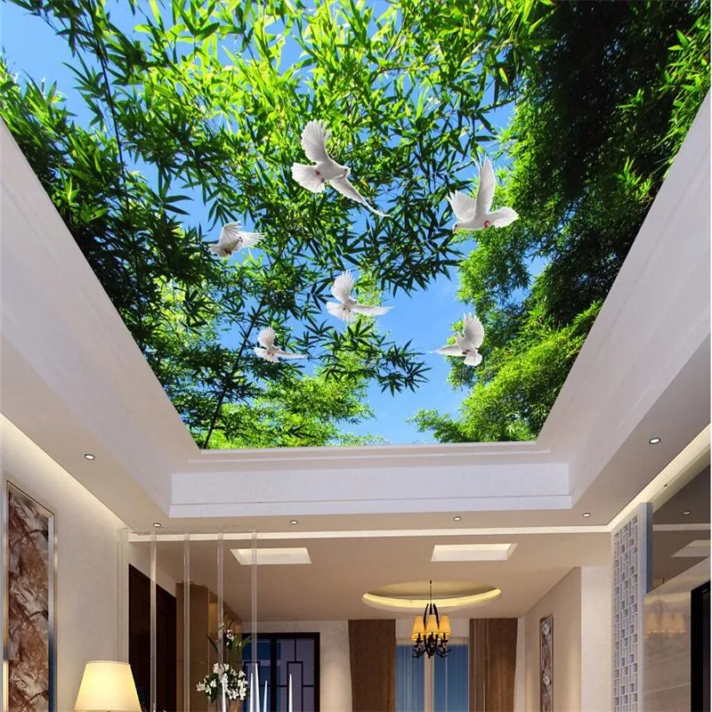 Custom-Ceiling-Wallpaper-Blue-sky-and-green-trees-pigeons-Murals-Living-Room-Bedroom-Ceiling-Background-Wall