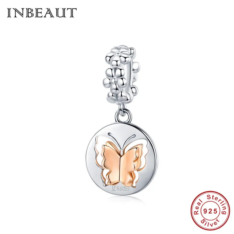 

INBEAUT 100% 925 Sterling Silver Butterfly Charms fit Pandora Bracelet Rose Gold Garden Flying Insect Beads for s925 diy Bangles