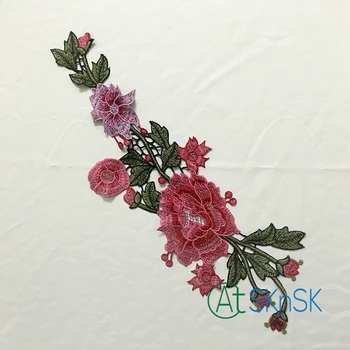 

45*14cm (2pieces/lot) chinese style red flower green leaves patches Wedding Bridal Embroidery Lace patch Sewing Lace Applique A2