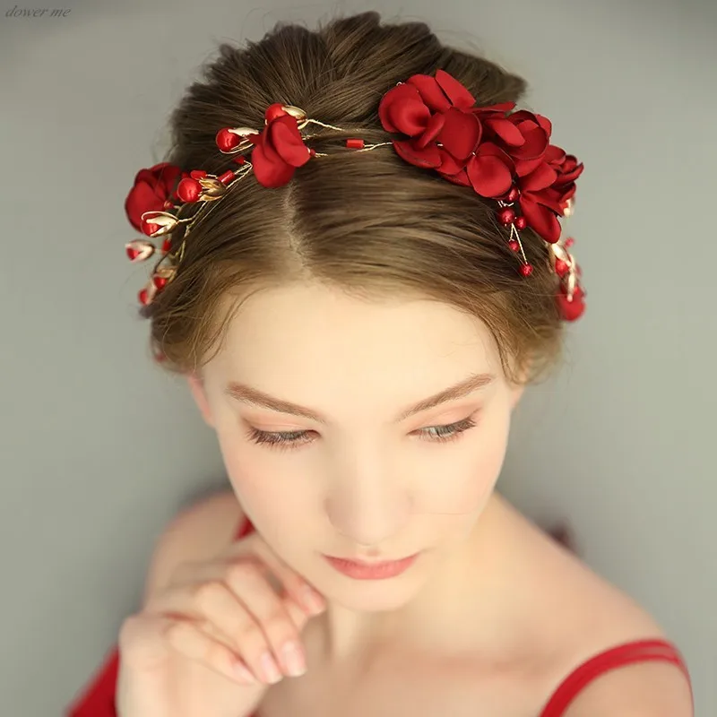 

Dower me Red Floral Women Prom Headpiece Bridal Headband Tiara Pearls Jewelry Wedding Hair Wreath Accessories