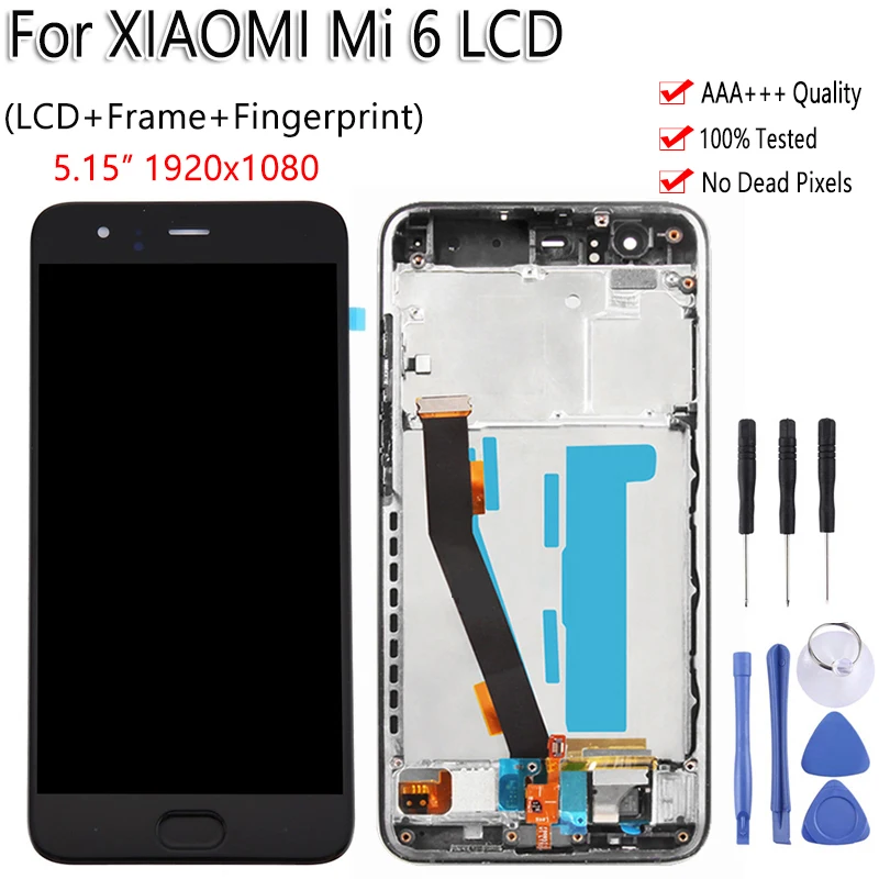 

5.15" AAA Display For Xiaomi Mi 6 LCD Touch Screen With Frame+Fingerprint Digiziter Assembly No Dead Pixel For Xiaomi Mi 6 LCD