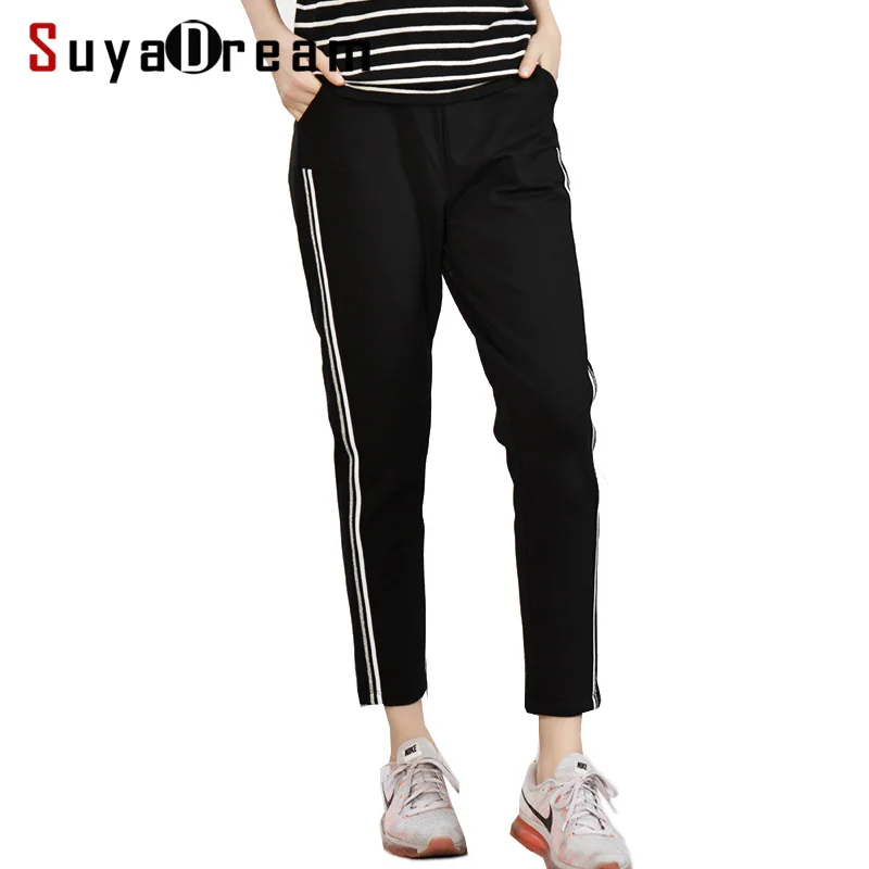 

Women Winter Pants 100%Natural Silk Lining Ankle-length Casual Pants For Women Side Striped 2018 Fall Winter Black Trousers