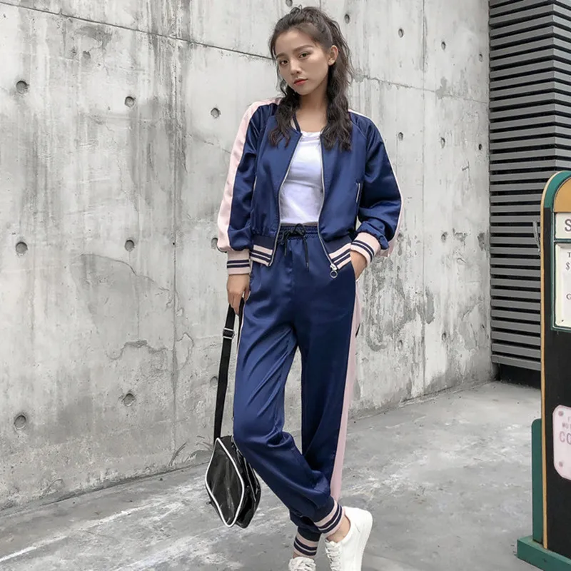 

Spring Casual Satin Tracksuit Women Two Piece Set Baseball Jacket Tops & Pants Suit Patchwork Zipper Sexy Sweatshirt Sweat Suits