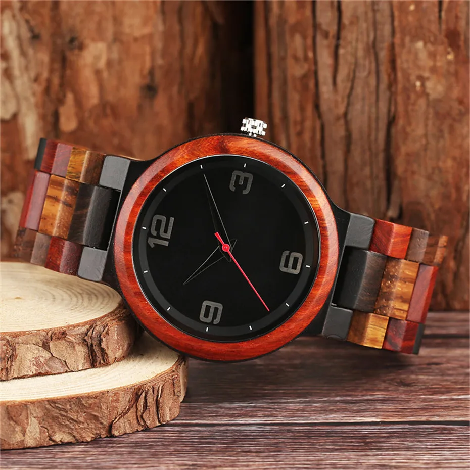 Round Vintage Zebra Wood Maple Wooden Case Men Quartz Watch Ebony Bamboo Strap Casual Analog Fashion Sports Clock Bracelet Gifts (3)