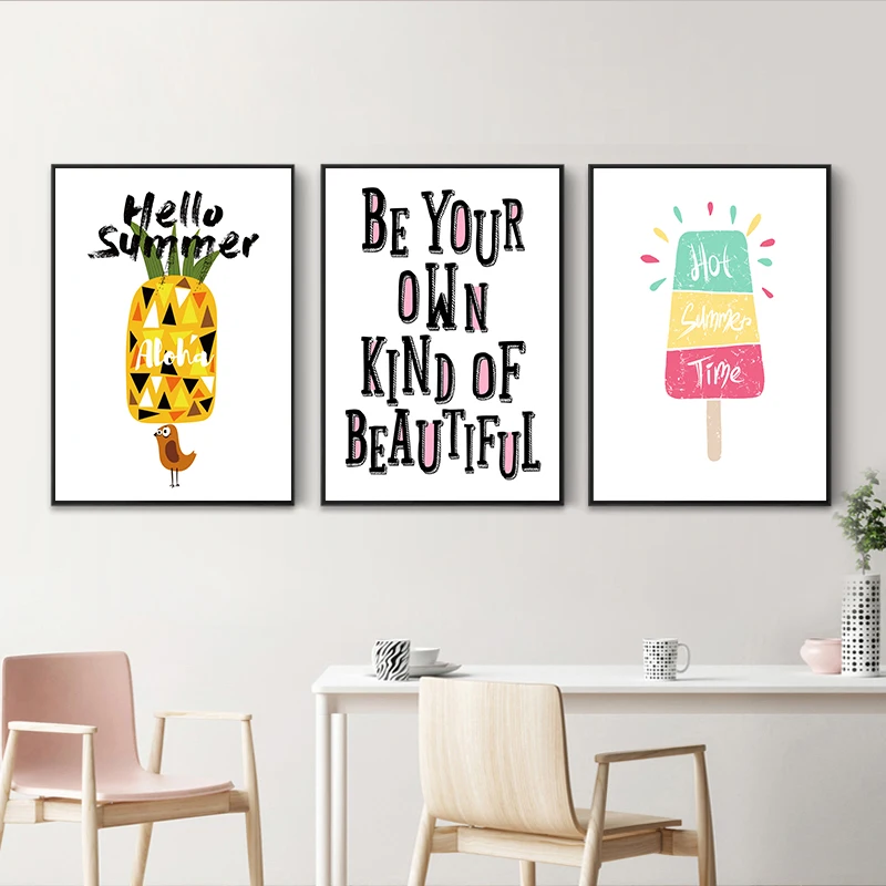 Nordic-Cute-Cartoon-Fruit-Pineapple-Ice-Cream-English-Sentence-A2-A3-A4-Canvas-Art-Abstract-Poster