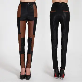 

S- 2XL Plus Size female pu trousers high waist slim motorcycle tight-fitting PU leather Pants stiching color leather pants w1863
