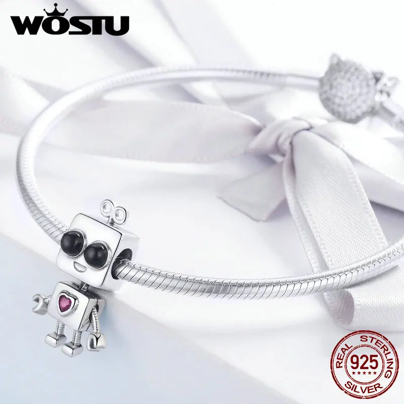 

WOSTU Authentic 100% 925 Sterling Silver Cool Robot Boy Heart CZ Charm Bead Fit Bracelet Pendants DIY Jewelry Making Gift BKC886