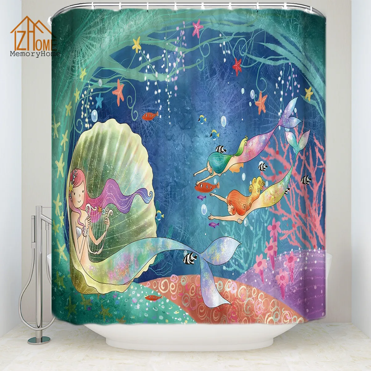 Memory Home Personalize Cartoon Mermaid Starfish Fish In The Sea Bathroom Fashion Shower Curtain Waterproof Polyester Fabric | Дом и сад