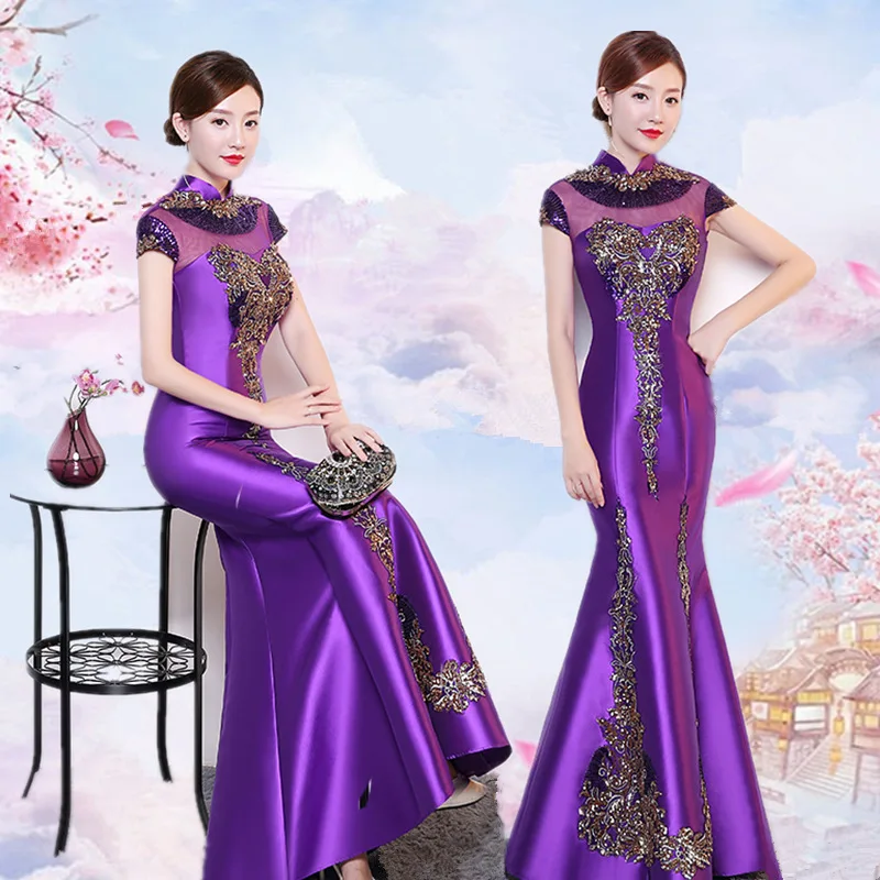 Современный зеленый вышивка Cheongsam хвост русалки Длинные Qipao Fsahion платья с блестками женское китайское вечернее платье Восточный стиль - Цвет: Violet