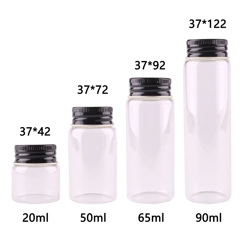 

24x Dia 37mm 20ml/50ml/65ml/90ml Transparent Glass Spice Bottles Jars Terrarium with Black Aluminum Cap Lid Wedding Gift Craft
