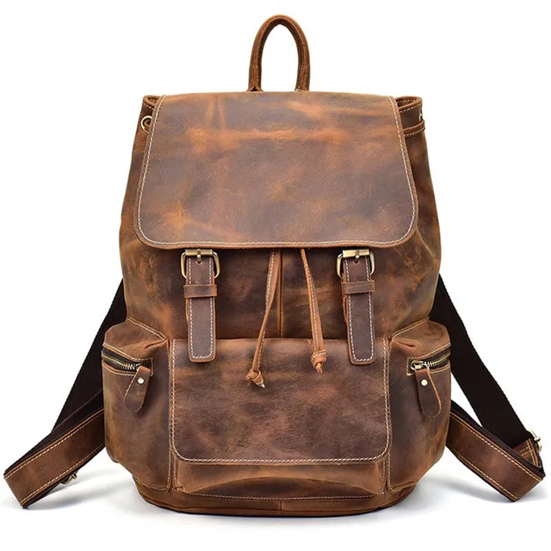 

BJYL European and American vintage men's backpack crazy horse leather retro large backpack travel bag
