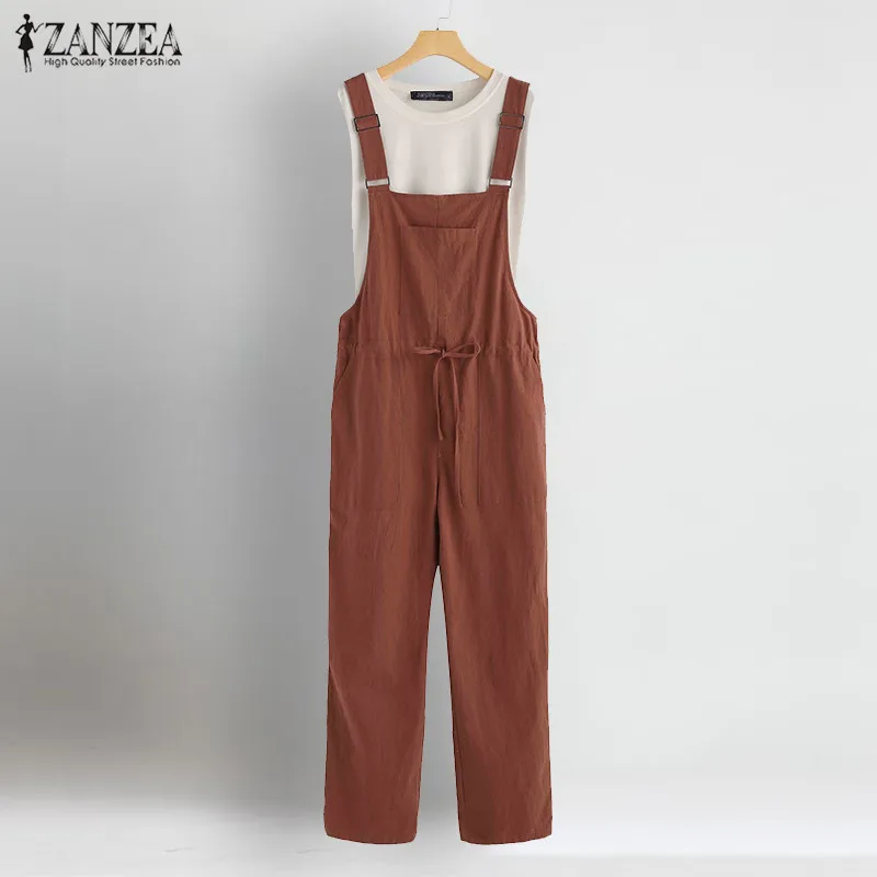 Комбинезоны на кулиске ZANZEA женские JumpsuitsP lus Размер льняной комбинезон Pantalon женский ремень Костюм пляжного типа женский комбинезон 5XL