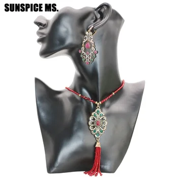 

SUNSPICE MS Turkish Women Ethnic Engagement Jewelry Sets African Beads Long Charm Necklace Red Dangle Hook Earrings Bijoux Femme