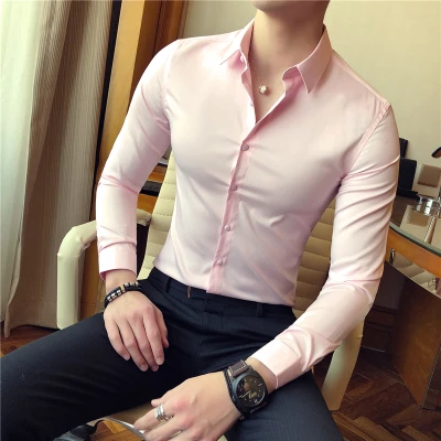 Повседневная рубашка Slim Fit Мужские рубашки бизнес Camisa Masculina с длинным рукавом сплошной цвет черный белый Высокое качество