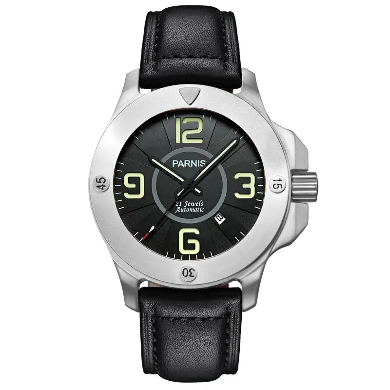 Parnis Commander Seriers Luminous Mens Sapphire Glass Leather Watchband Military Sport Automatic Mechanical Watch Wristwatch