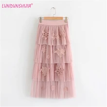 LUNDUNSHIJIA новые летние женские розовые элегантные длинные юбки с цветочной вышивкой женские эластичные кружевные юбки Jupe Femme