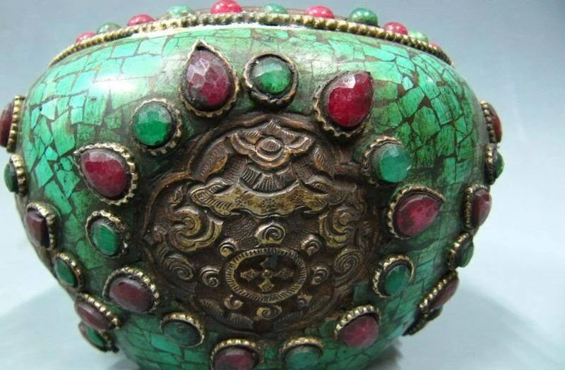 

4 Nepal Folk Bronze Copper handwork inlay turquoise ruby beryl Crock Bottle Pot