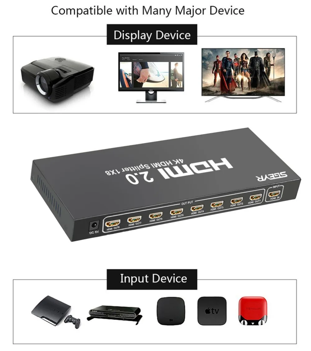 4K HDMI сплиттер 1x8 2,0 HDCP 2,2 18 Гбит/с HDMI сплиттер конвертер 1 вход 8 выход(4:4:4) Ultra HD Full 3D HDR с переключателями EDID