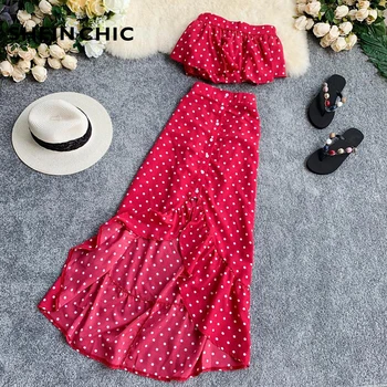

Bohemian Summer Women 2019 Two Piece Set Red Polka Dot Strapless Chic Tops And Irregular Ruffles Long Skirt Female Two Piece Set
