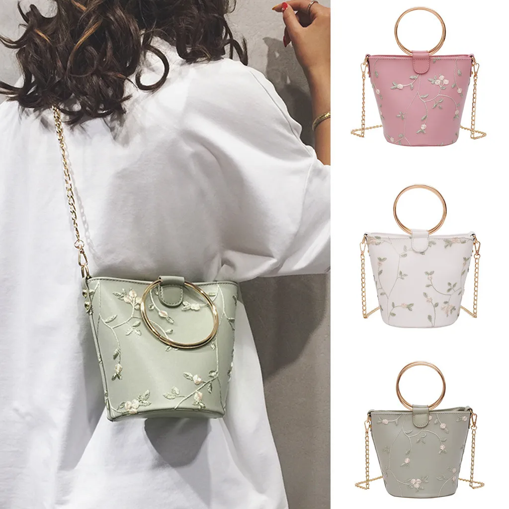 

Fashion Women Embroidery Flower Leather Bucket Bag Crossbody Bag Shoulder Bags High Quality Casual High Capacity Shopping Bag