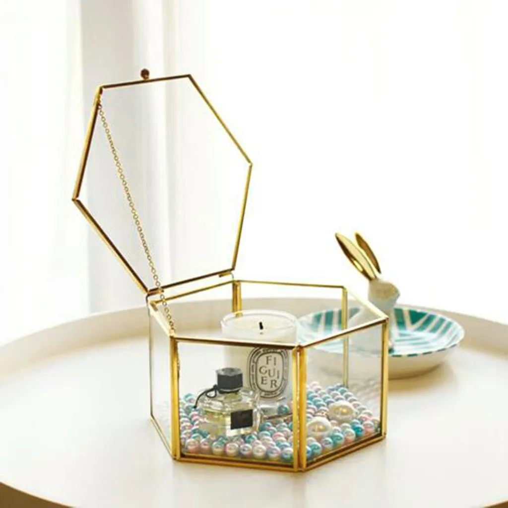 

Geometric glass flower room copper edge open cover jewelry storage box glass wedding ring jewelry box home decorations