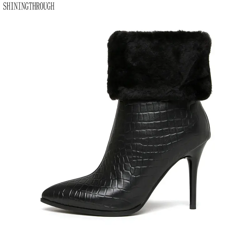 

New cow leather high heels women ankle snow boots office ladies dress shoes sexy fur winter boots woman size 41 42 43