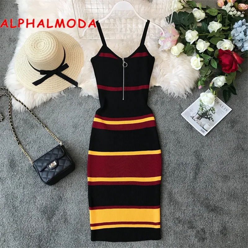 Женское трикотажное Полосатое платье ALPHALMODA облегающее на молнии лето 2019|Платья| |