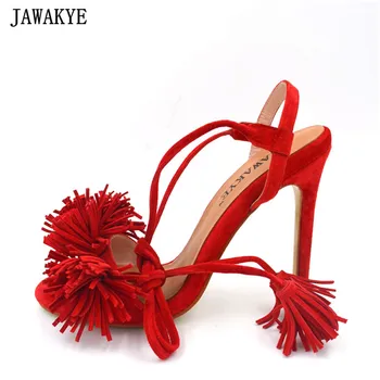 

JAWAKYE Summer sandals women kid suede red blue yellow thin high heels fringe tassel high quality gladiator stage shoes women