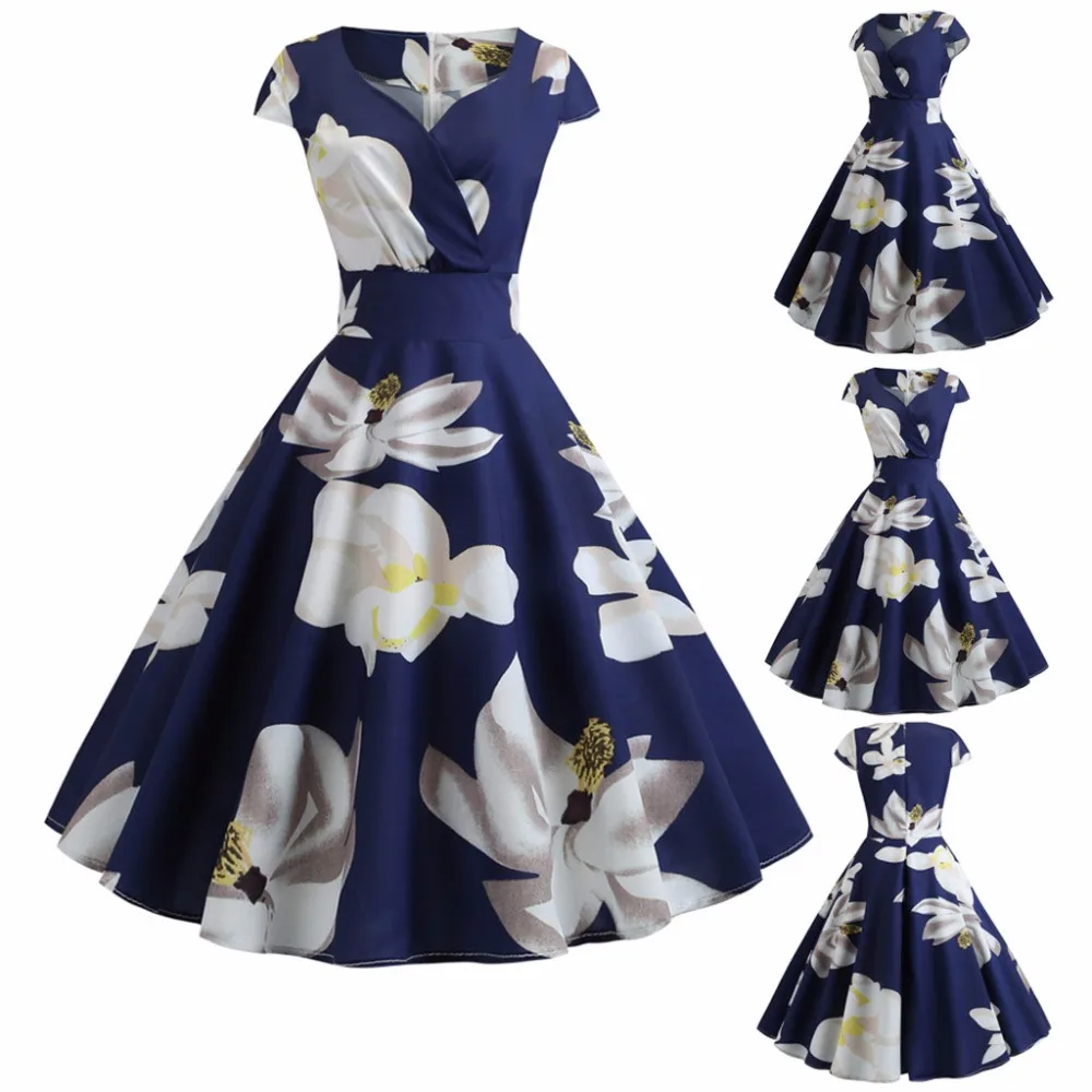 Модное женское винтажное Повседневное платье с коротким рукавом v-образным