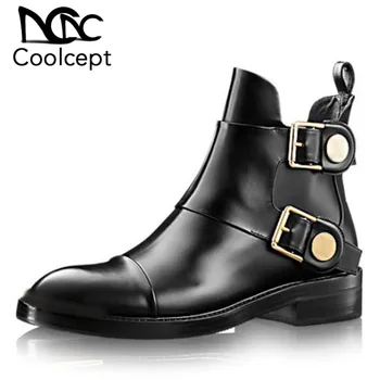 

CoolCept Plus Size 31-45 Fashion Women Genuine Leather Flats Boots Buckle Rivet Warm Winter Shoes Ankle Boots Women Footwear