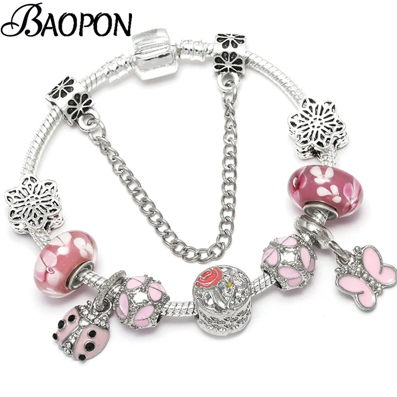

BAOPON Antique Silver Chain Charm Bracelet Butterfly & Ladybug Pink Beads Fits European Fine Bracelets for Women Jewelry Gift