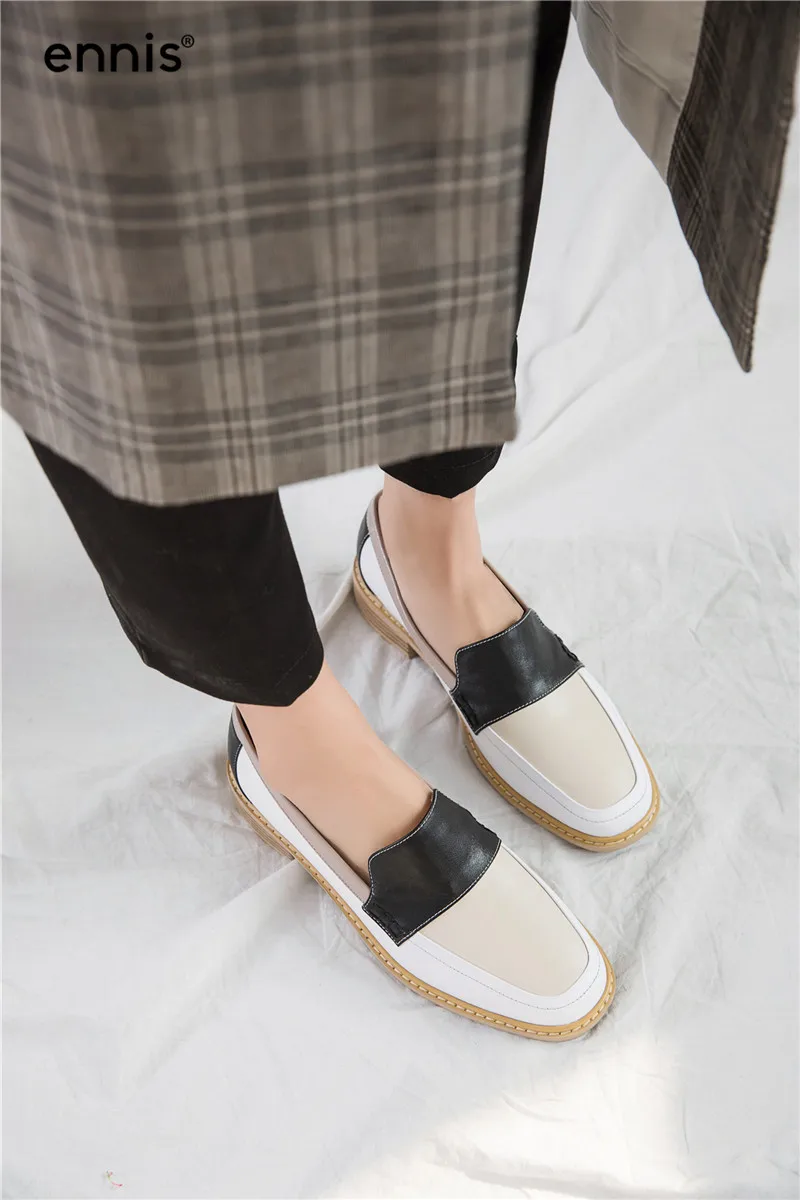 ENNIS Genuine Leather Boat Shoes Women Outdoor Casual Shoes Mixed Color Shoes Black Brown Flat Loafers Autumn Spring C9108