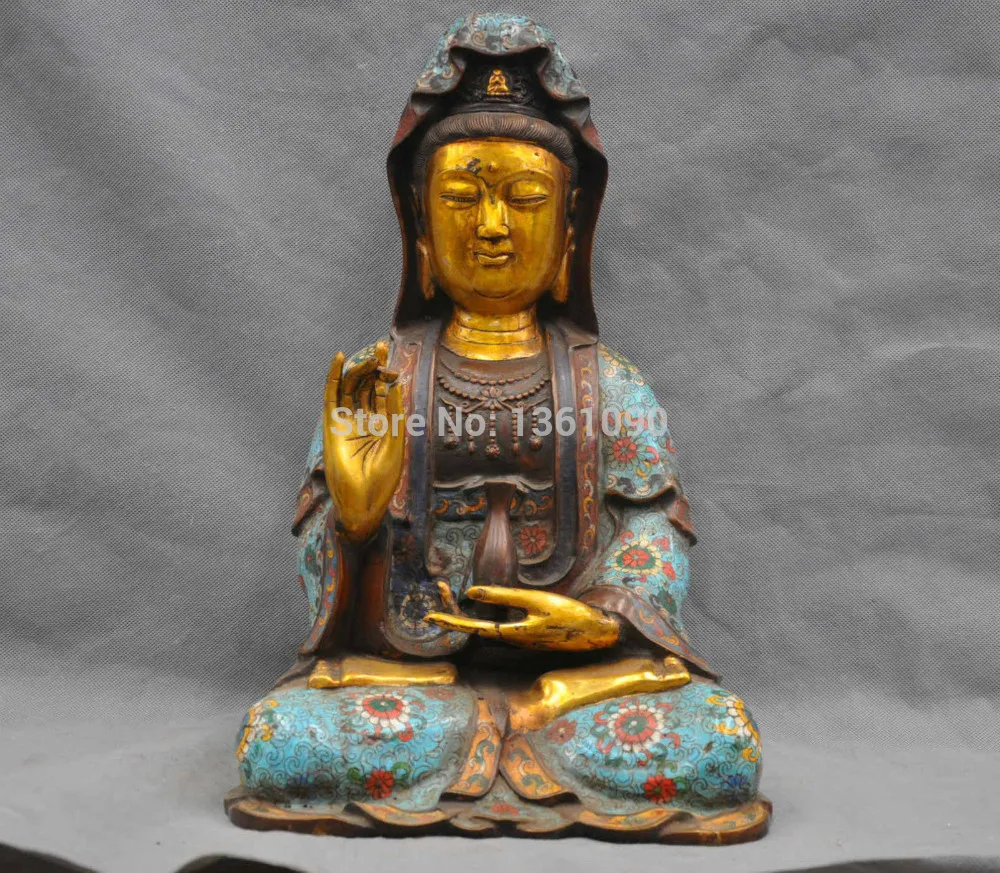 

xd 001193 17" Chinese Bronze Cloisonne Kwan-yin Guanyin Bodhisattva Buddha Statue