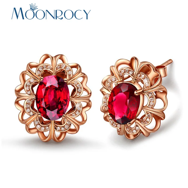 

MOONROCY Flower Rose Gold Color Cubic Zirconia Red Crystal Earrings Stud For Women Girl Gift Drop Shipping Jewelry Wholesale
