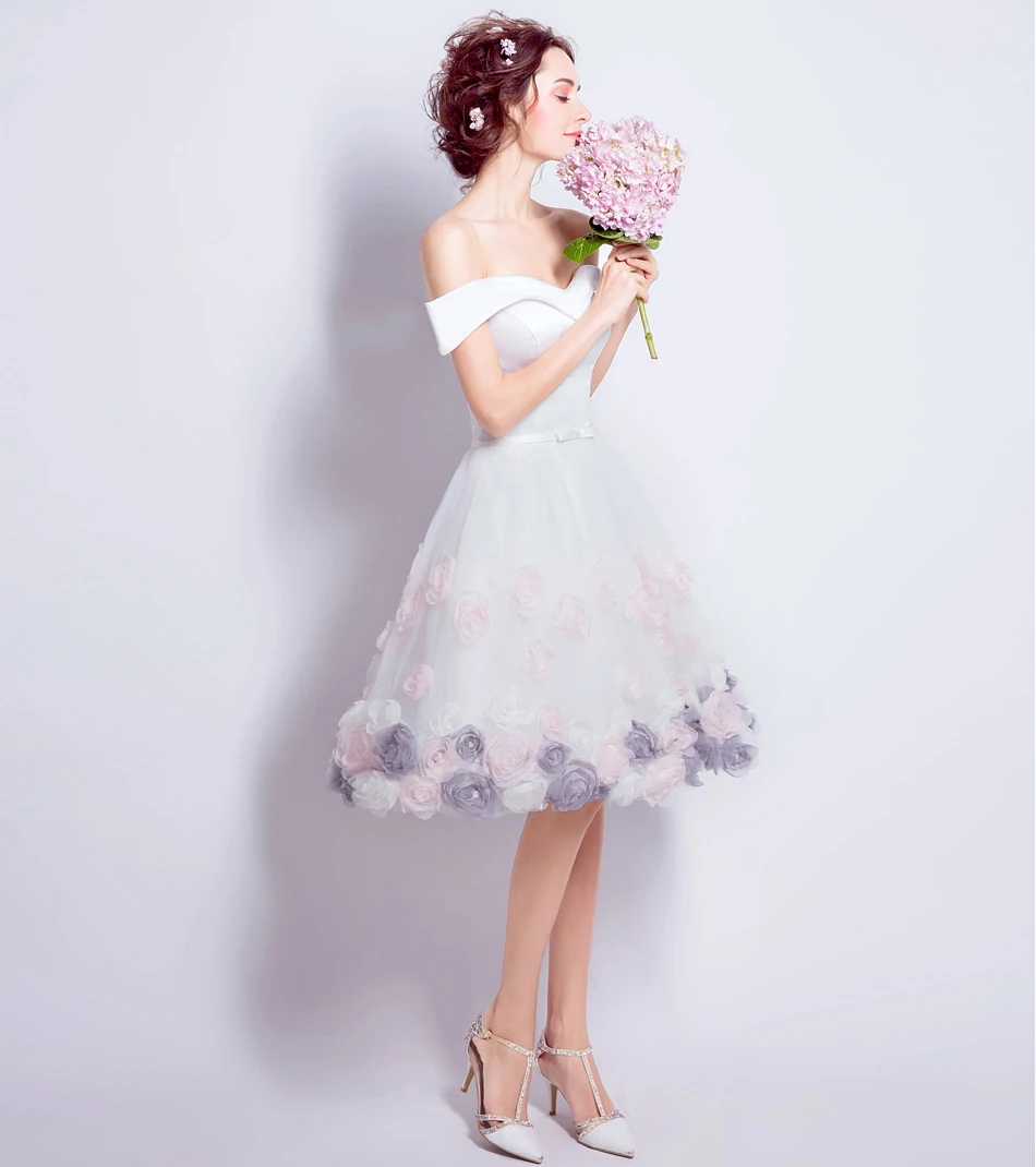 SSYFashion, новинка, белое сатиновое короткое коктейльное платье с розами, платье для невесты, банкета, милое, длиной до колена, официальное, вечернее платье, Robe De Soire