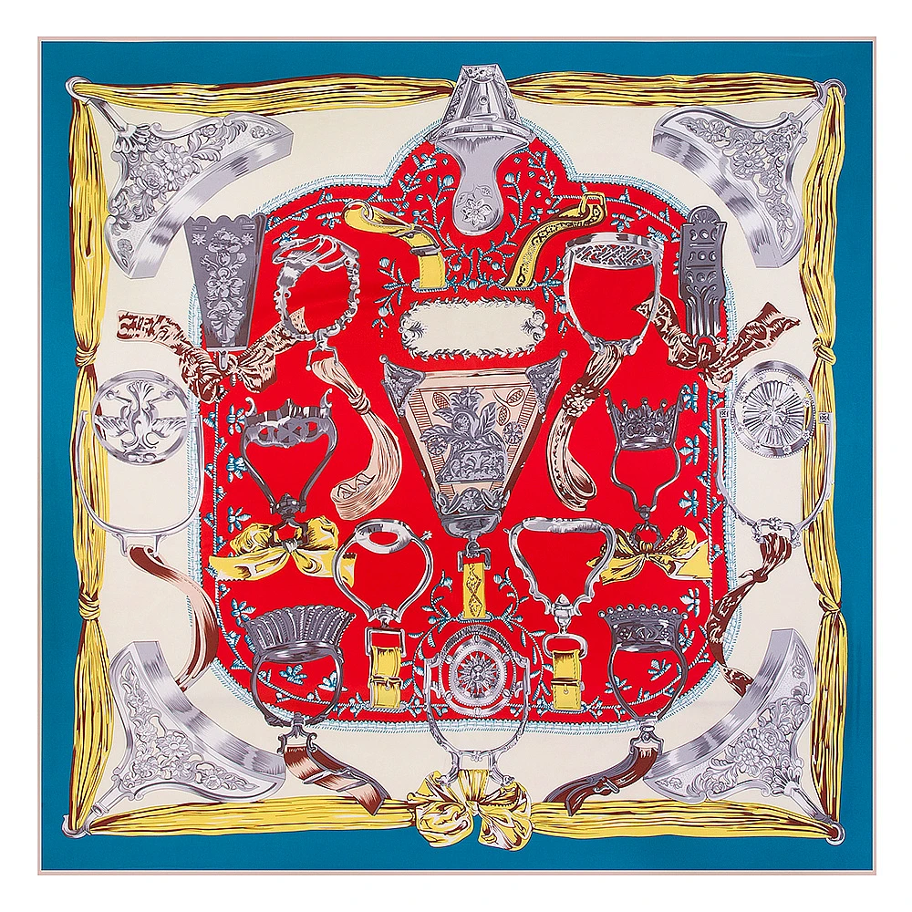 

POBING 100% Silk Square Scarf Women Royal Crown Print Neckerchief Large Hijab Silk Foulard Lady Square Scarves Bandana 130*130CM