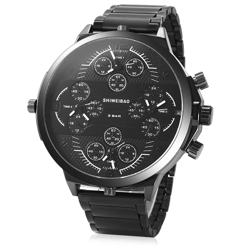 cool big case quartz watch for men four time zones steel bracelt wristwatches (7)