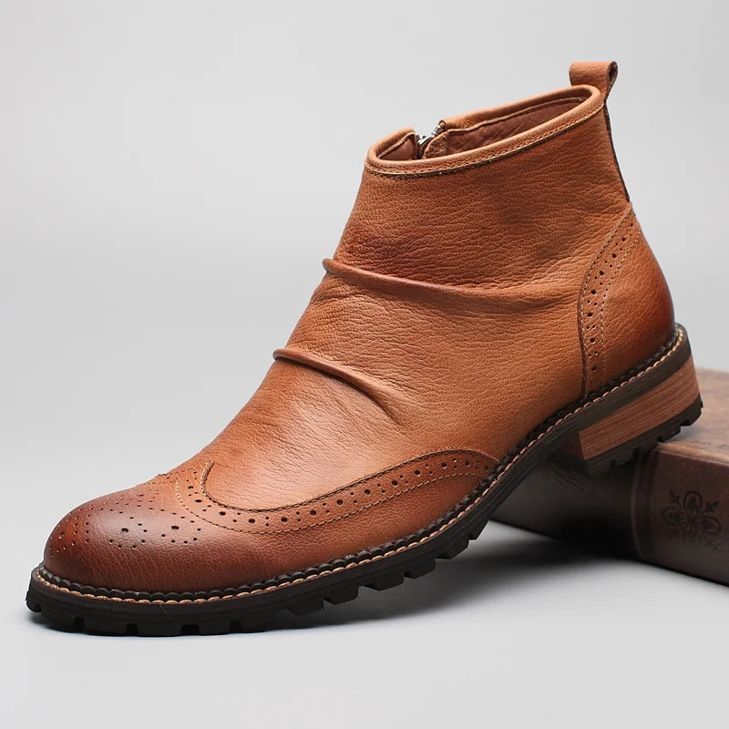 Winter Cow Leather Dress Boots Fashion Non Slip Men Ankle Boots Bullock Carving Flower Martin Boots