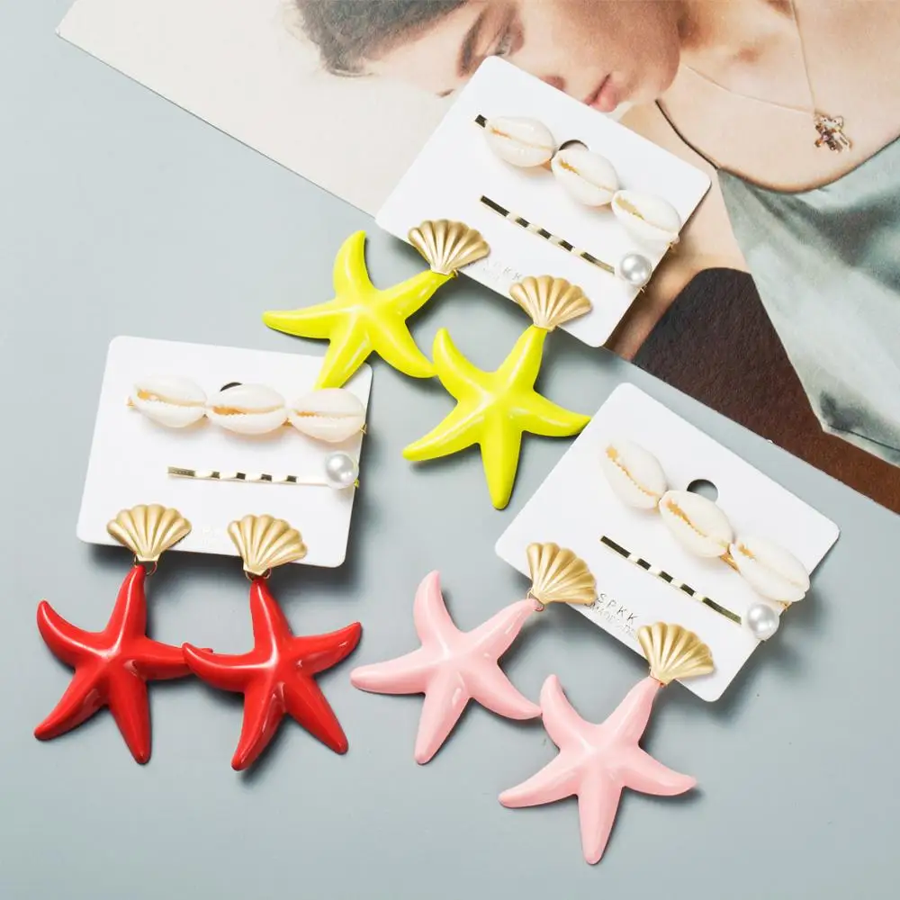 

KMVEXO Candy Color Starfish Earrings Statement Enamel Ocean Sea Star Drop Earrings for Women with Shell Hair Clips Jewelry Gifts